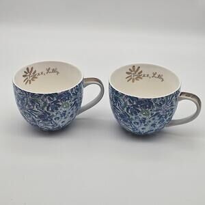 2 Lilly Pulitzer Blue Lion Around Floral Coffee Mugs Ceramic Cups Gold Handle